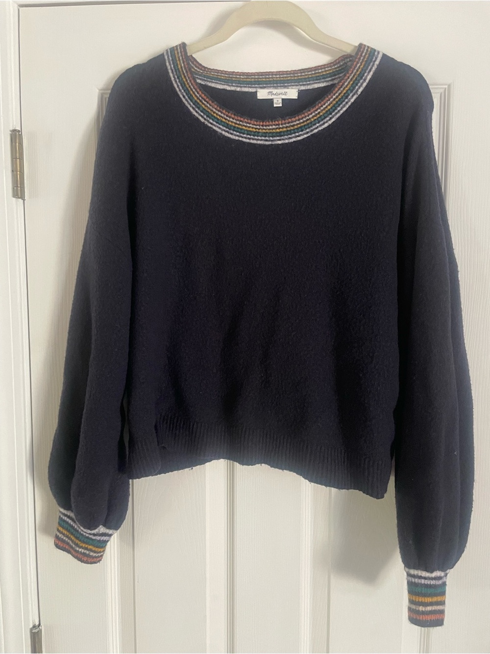 Madewell Navy Crewneck Sweater with Multicolor Striped Trim